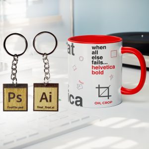 Coffee Mug and Wooden Engraved Adobe Photoshop and Adobe Illustrator Logo Keychains for Graphics Designer
